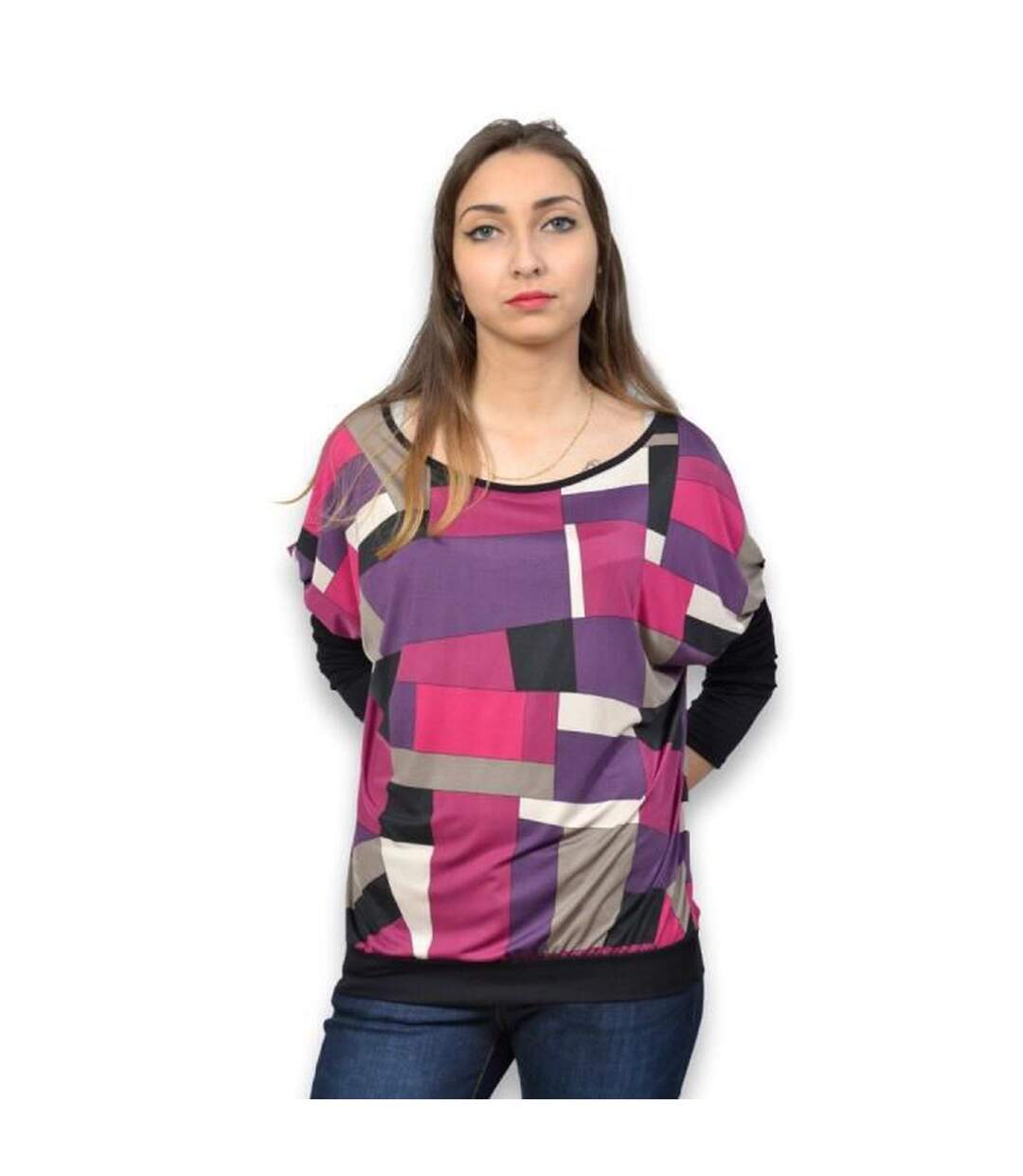 Tee shirt femme manches longues motifs asymétriques col rond-1