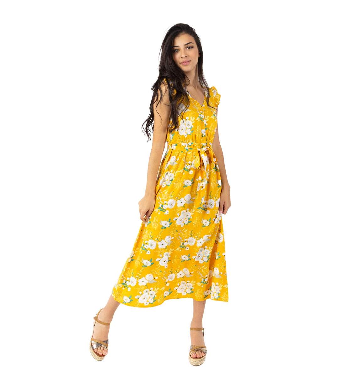 Robe longue manches volantées KAYLA fleurie jaune Coton Du Monde