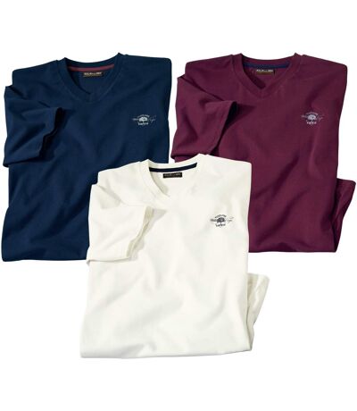 Pack of 3 Men's V-Neck T-Shirts - Navy Burgundy Off-White