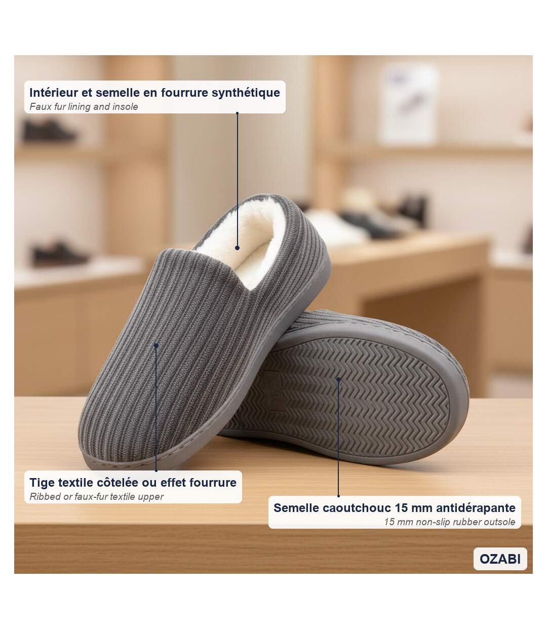 OZABI Chaussons Homme Fourrés, Côtelés ou Effet Fourrure, Semelle Antidérapante-4