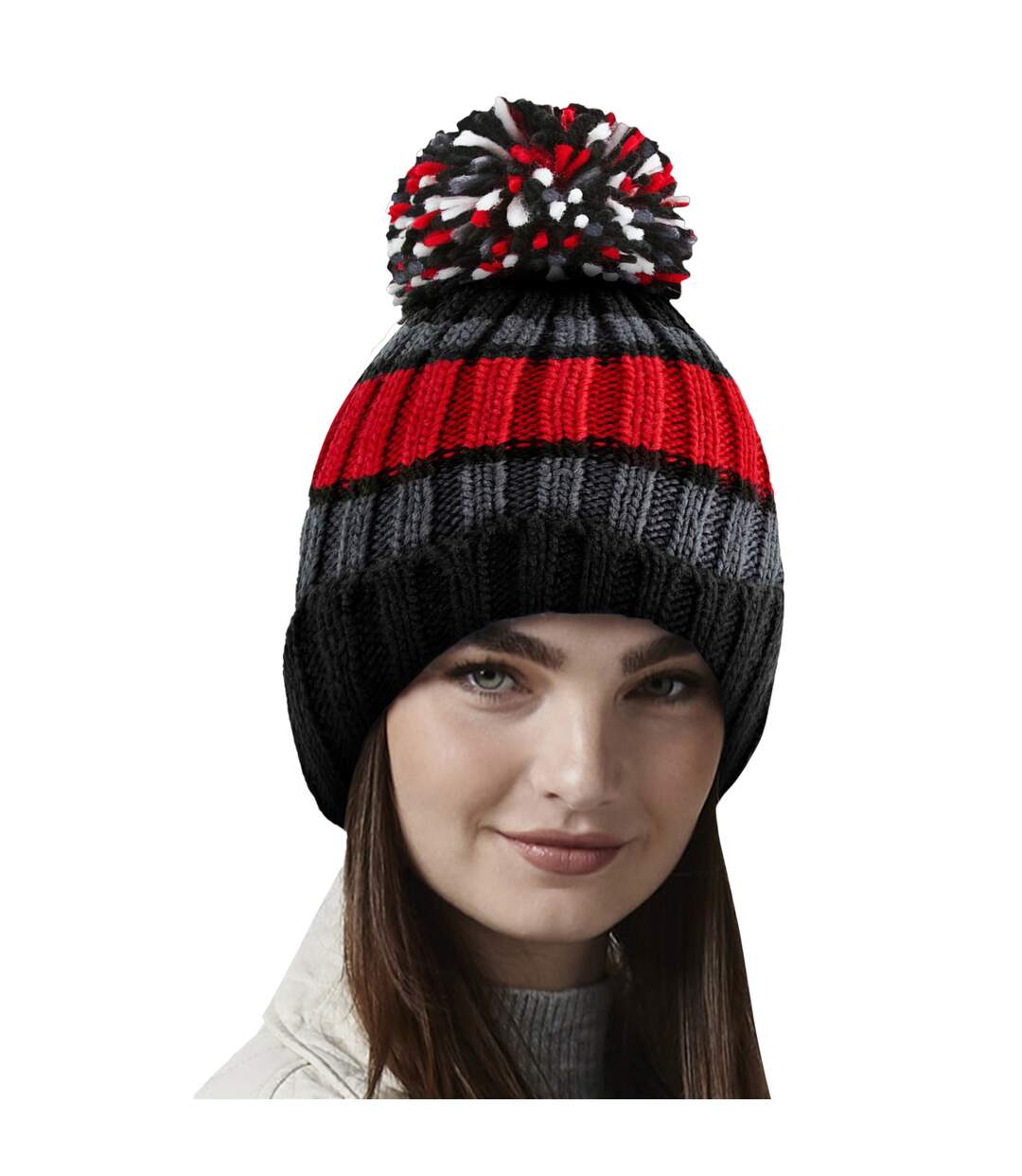 Bonnet hygge adulte noir / rouge vif Beechfield-3