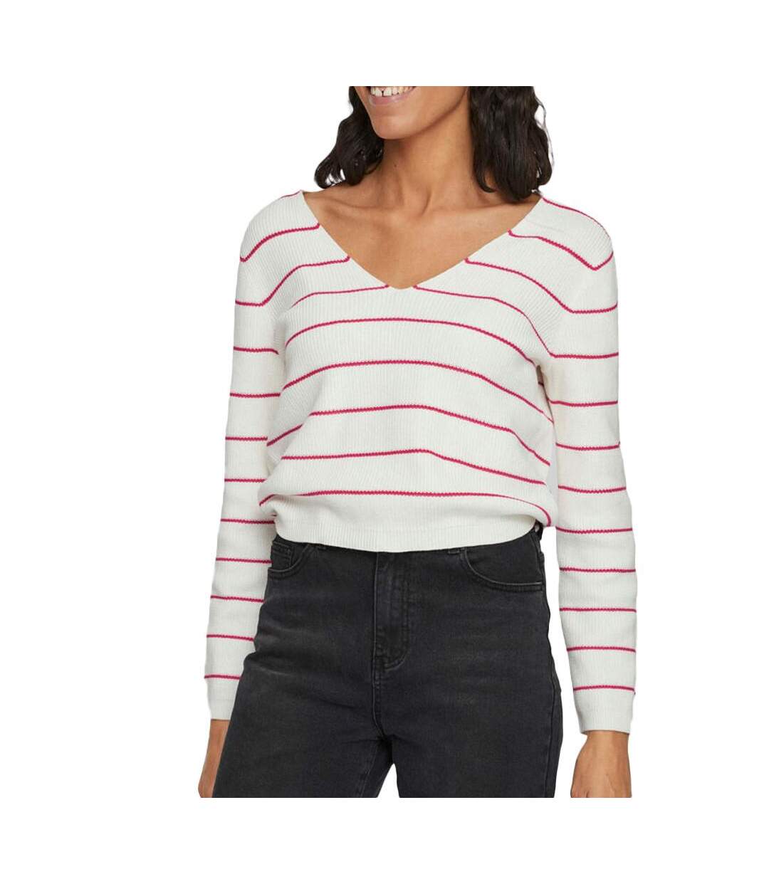 Pull Blanc/Rouge à Rayures Femme Vila Chao - XL-1