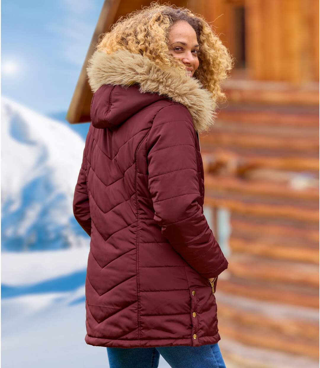 Burgundy Padded Jacket with Faux-Fur Hood-3