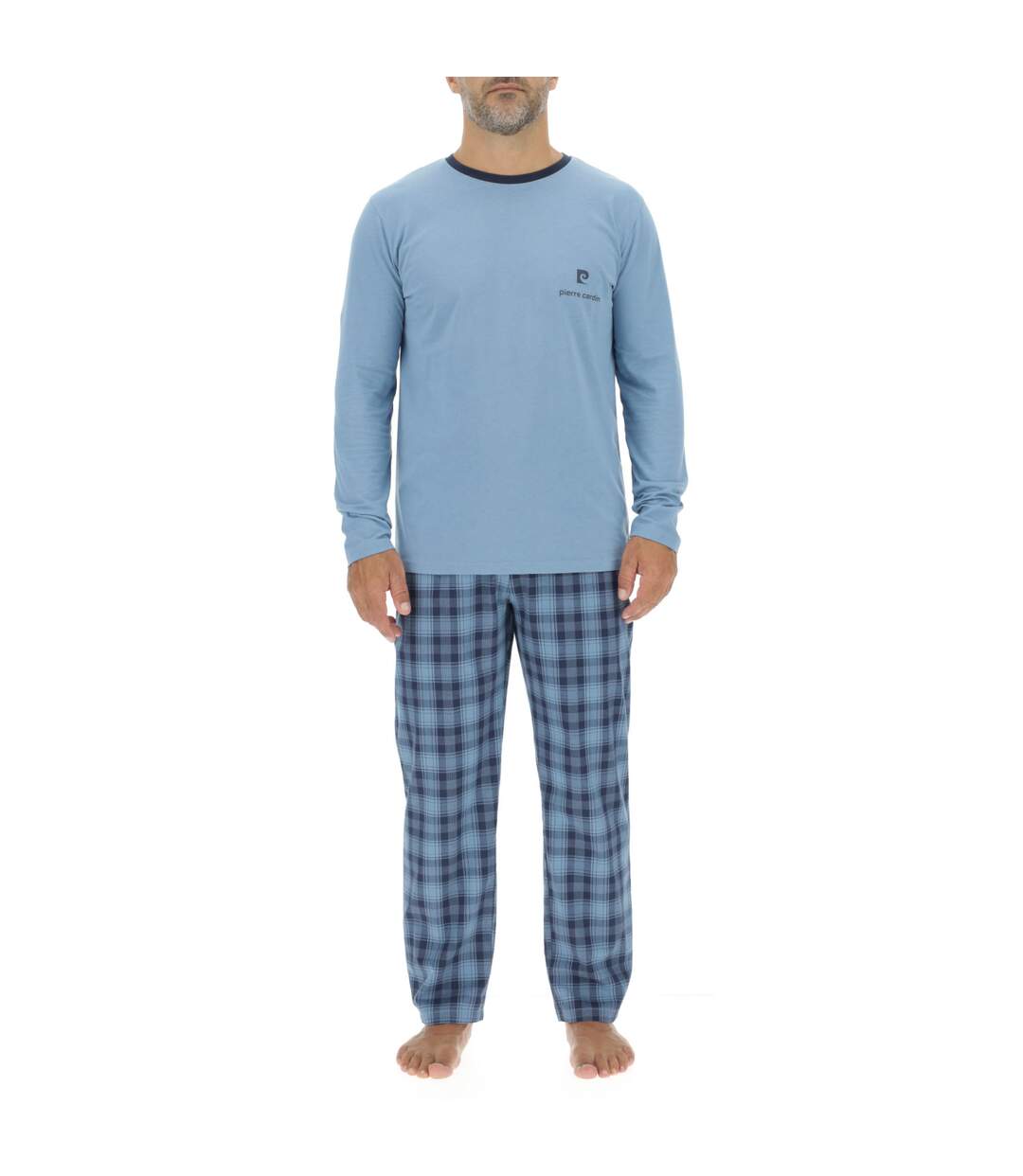 Ensemble Pyjama long homme en popeline à carreaux et Logo poitrine Pierre Cardin-1