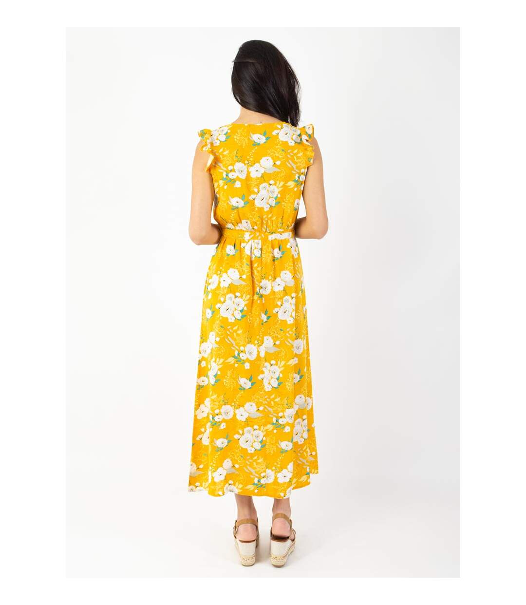 Robe longue manches volantées KAYLA fleurie jaune Coton Du Monde