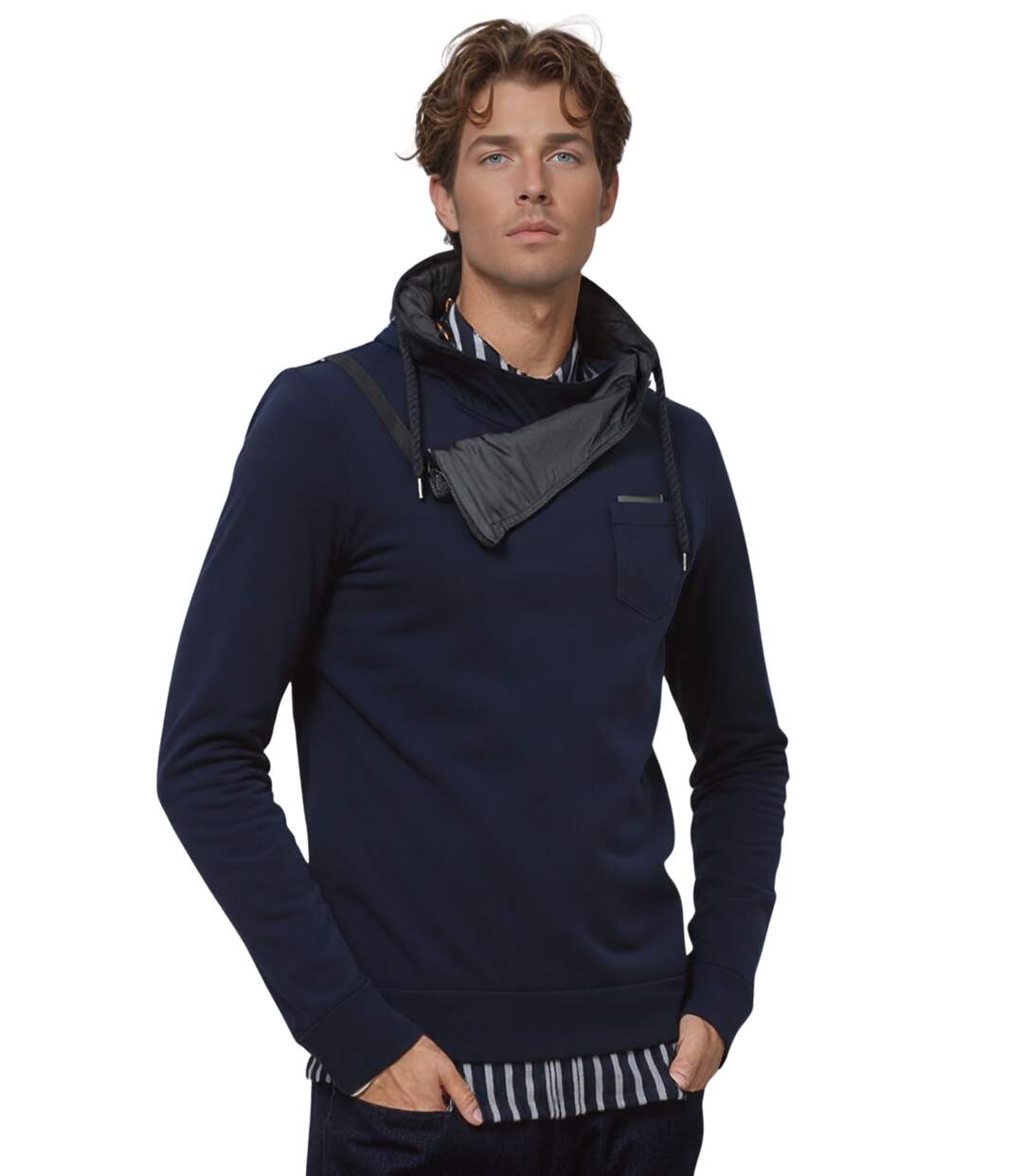 Sweat  à  manches longues pour homme - Bleu avec col asymétrique et fermeture éclair-1