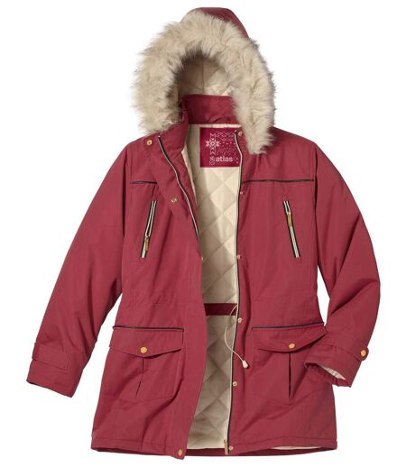 Women's Pink Multipocket Parka with Faux-Fur Hood - Water-Repellent