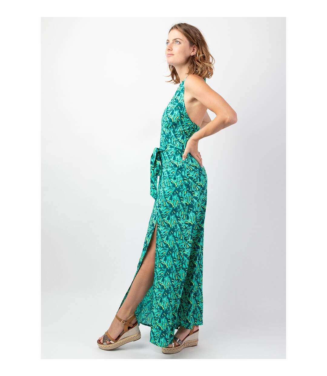 Robe longue femme été dos nu SORAYA imprimé tropical vert Coton Du Monde-4