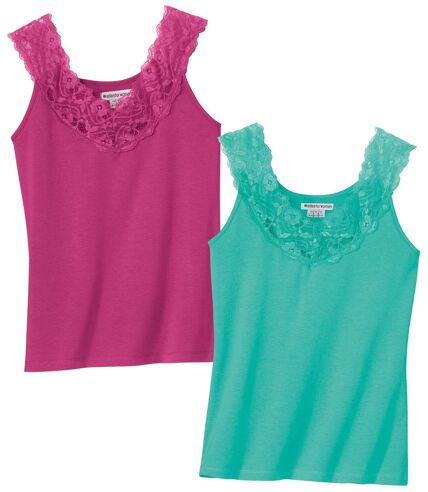 Pack of 2 Women's Lace Tank Tops - Fuchsia Turquoise