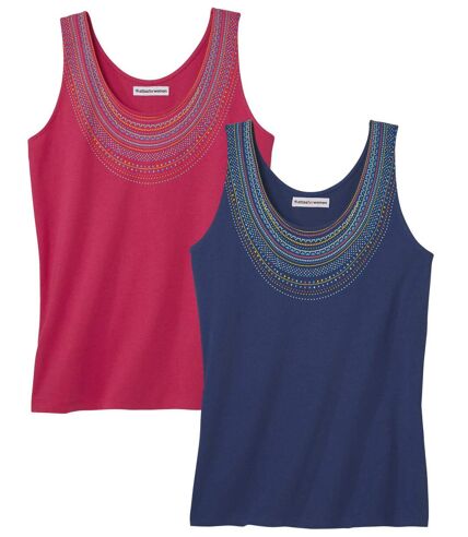 Pack of 2 Women's Necklace-Style Vest Tops - Blue Pink