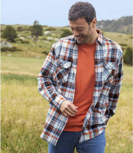 Men's Checked Flannel Shirt - Ecru Blue Orange