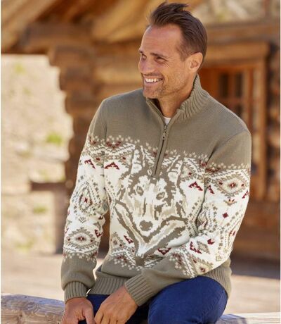 Men's Wolf Pattern Sweater - Quarter-Zip