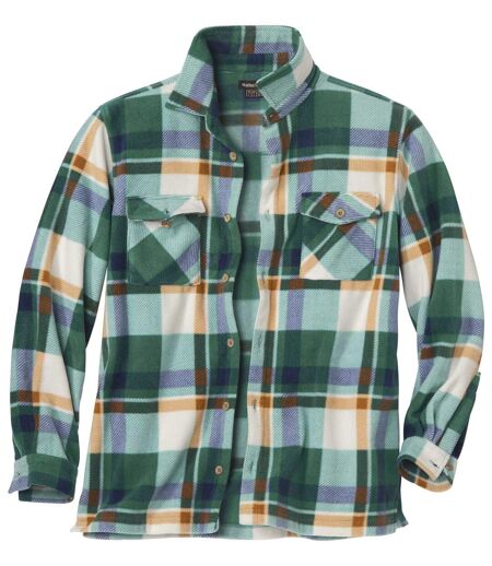 Men's Checked Fleece Overshirt - Green Ecru Orange 