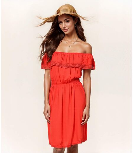 Robe été Femme Sans Manches Rouge avec Volants, Longueur Genou - Col Rond - élégance Décontractée