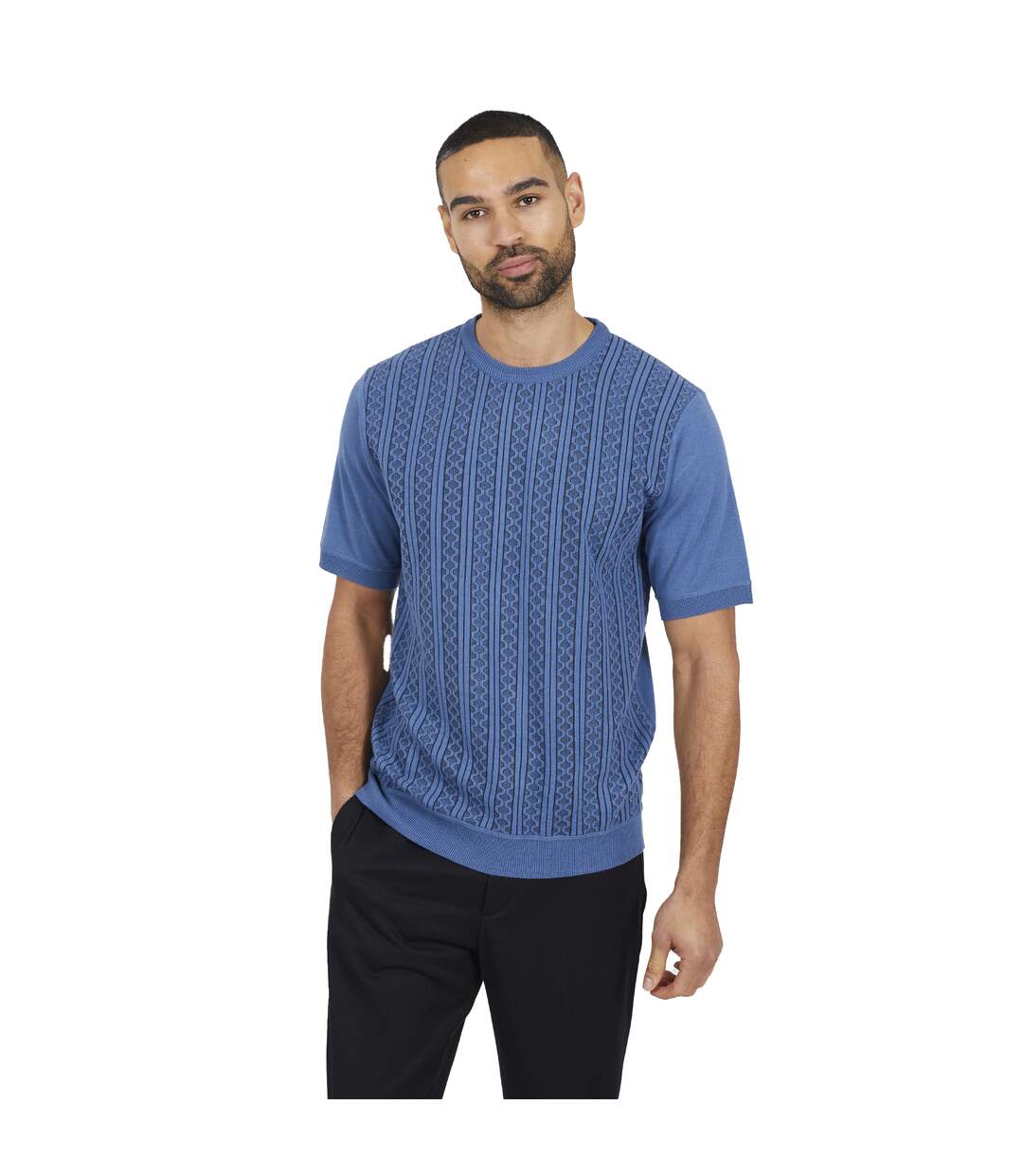 Mens Knitted Crew Neck Short-sleeved Top Blue Brave Soul-2