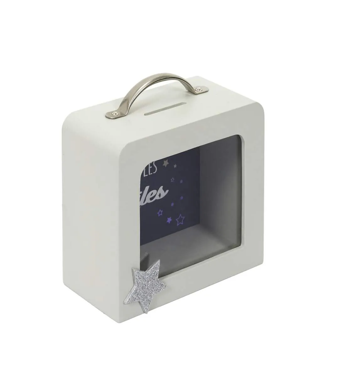 Tirelire Déco Enfant Valise 15cm Blanc & Gris-2