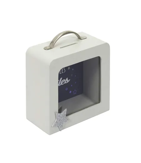 Tirelire Déco Enfant Valise 15cm Blanc & Gris
