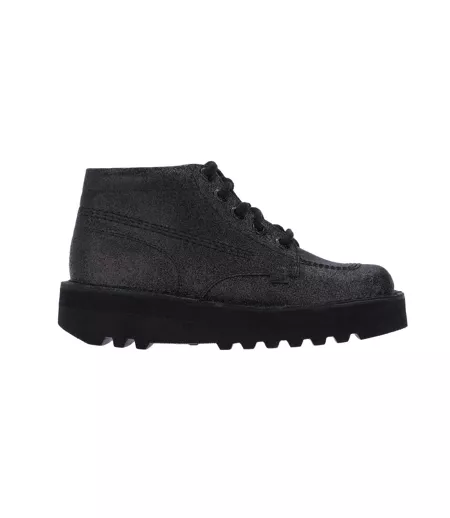Womens/ladies Kick Hi Glitter Leather Stack Heel Boots Black Kickers