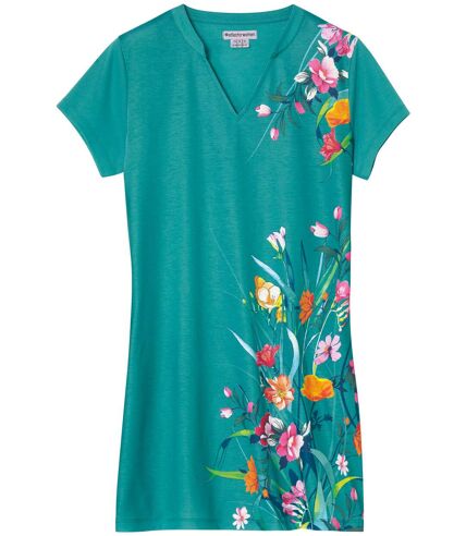Women's Green Floral Print Longline T-Shirt  