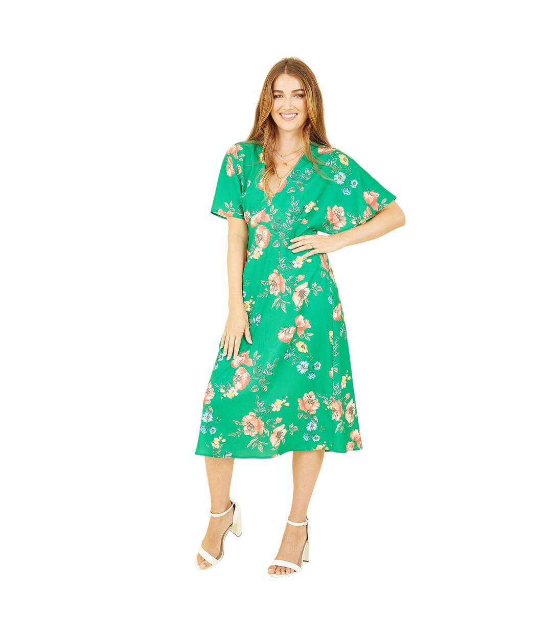 Robe Portefeuille Manches Style Kimono Motif/style Floral Femme Vert Yumi-4
