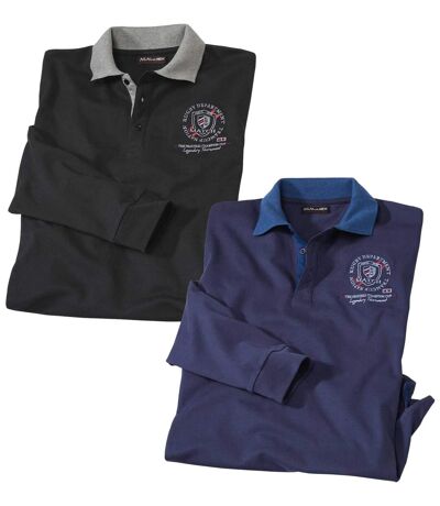 Pack of 2 Men's Black & Navy Polo Shirts - Long-Sleeved