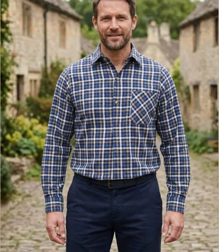 SEDETEX L100 — Chemise à carreaux manches longues bleue : chaleur en Coton gratté et dos long 100 cm