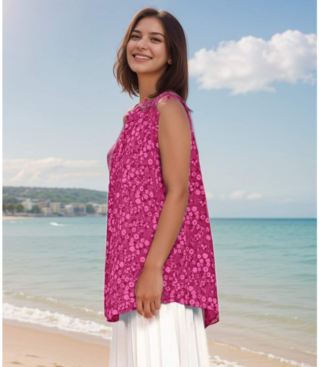 Tunique estivale fleurie sans manches - Col rond rose pour femme - Style décontracté-3