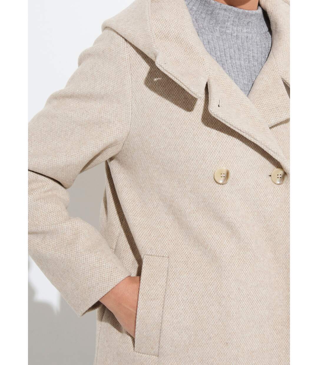Veste manteau lainage tweed double boutonnage capuche-4