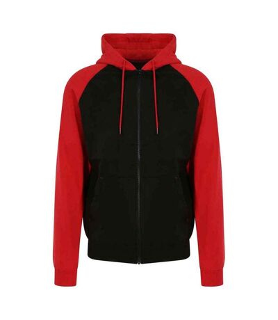 Womens/ladies raglan baseball full zip hoodie jet black/fire red Awdis