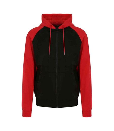 Womens/ladies raglan baseball full zip hoodie jet black/fire red Awdis