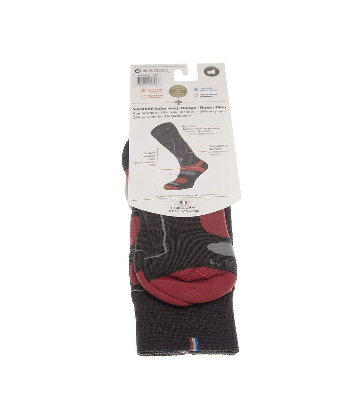 Chaussette Longues - 1 paire - Resserrage cou de pied - Non comprimantes - Bouclette talon et orteil - Pointe colorée - Ski - Chaude - Acrylique - Noir - Vanoise rouge