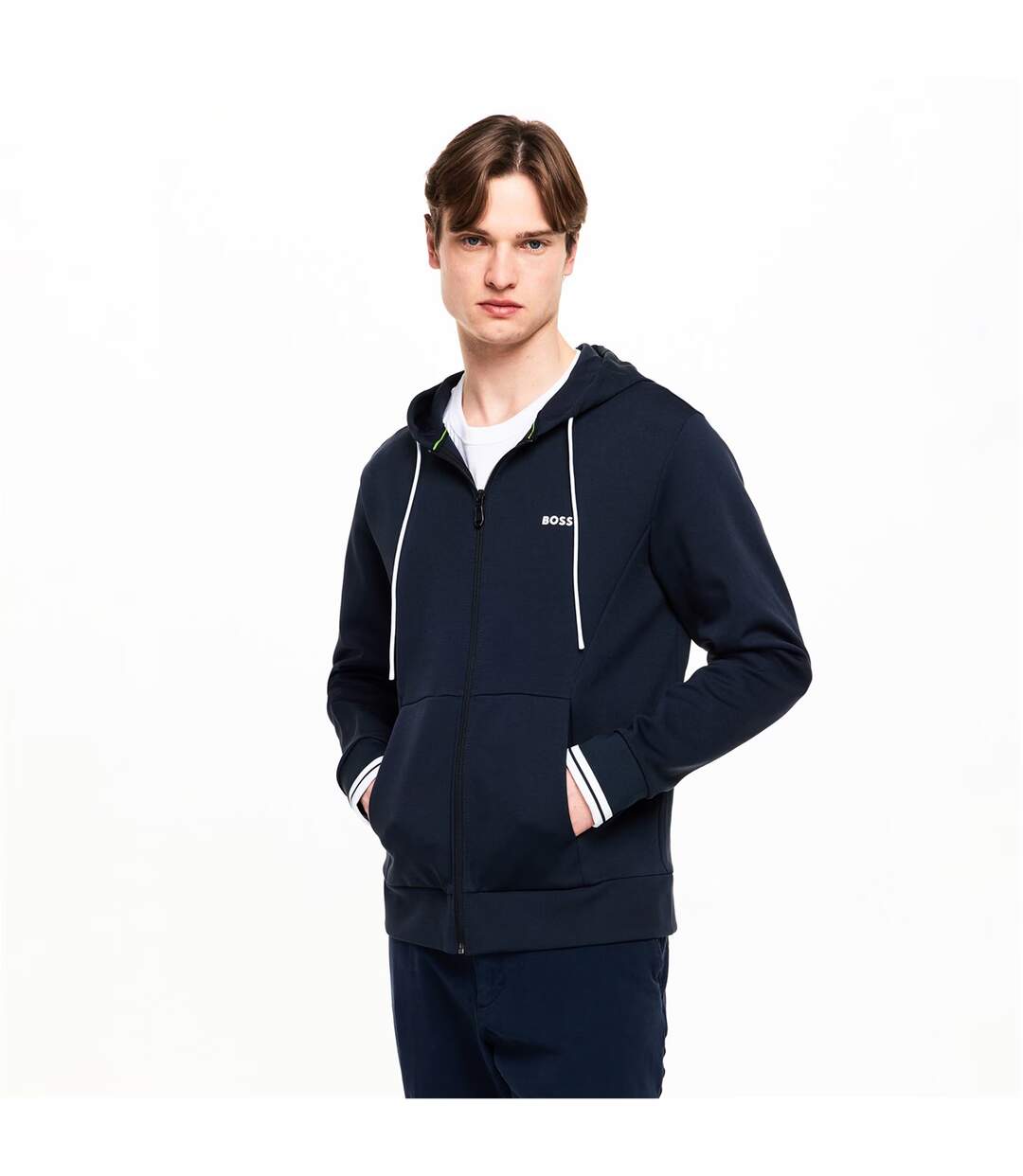Mens Stretch Sport Full Zip Hoodie Dark Blue Boss-1
