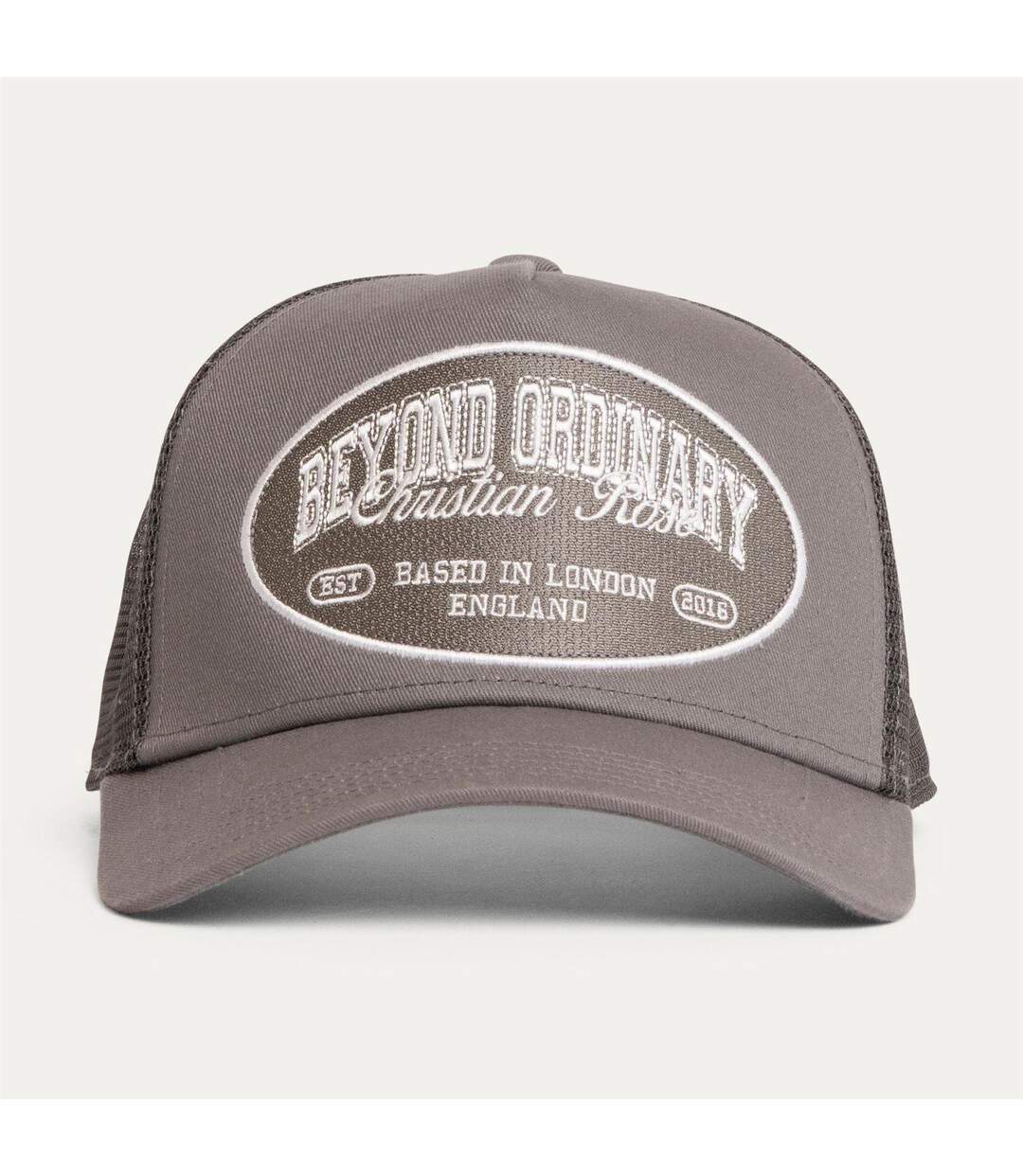 Embroidered Patch Trucker Cap Grey White Christian Rose-2