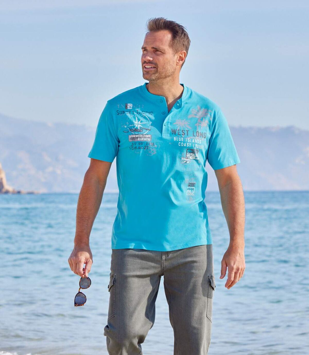 Zestaw 3 śródziemnomorskich t-shirtów z dekoltem z guzikami Atlas For Men