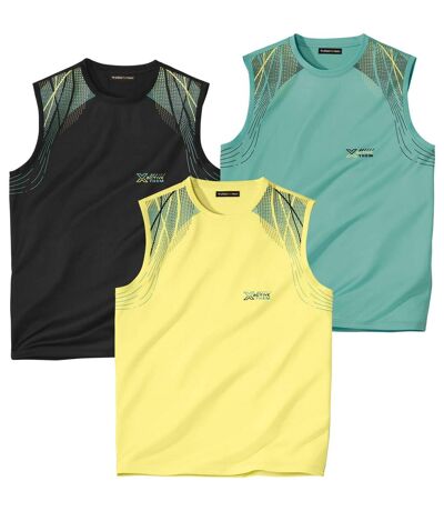 Pack of 3 Men's Active Vests - Black Yellow Green