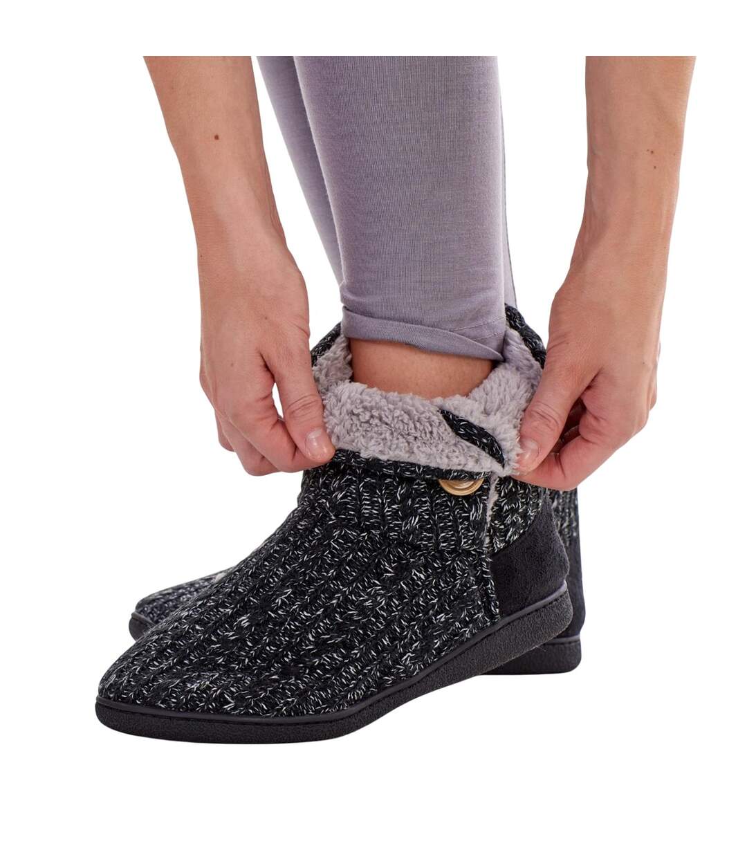 Womens/ladies Cable Knit Slipper Boots Black Keanu-1