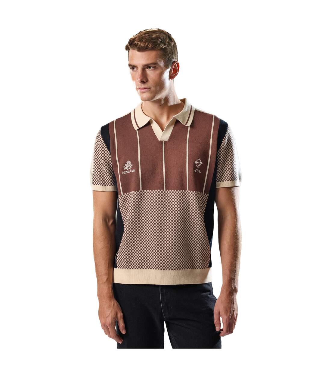 Mens palet percival knitted stripes football polo shirt brown Umbro-1