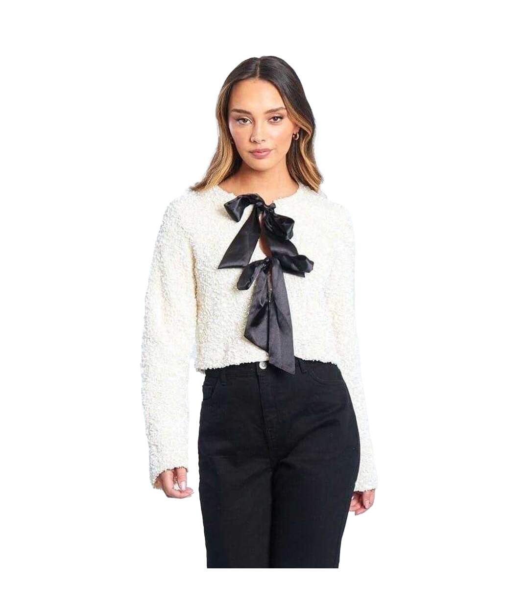 Womens/ladies Bow Sequin Relaxed Fit Long-sleeved Blouse Cream Be You-2