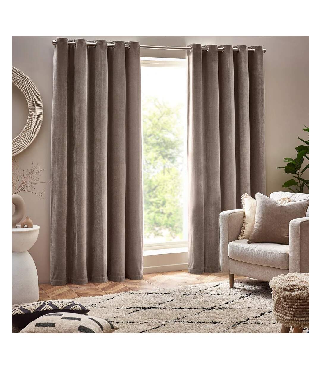 Chenille velvet eyelet curtains 168cm x 229cm greige Yard-1