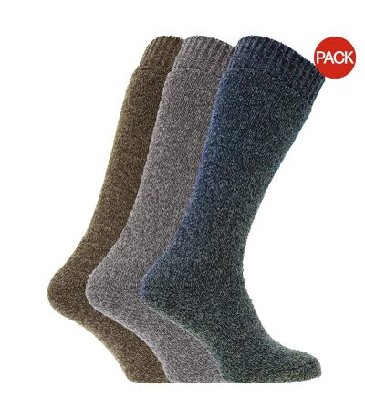 Mens Thermal Wool Blend Long Wellington Boot Socks (Pack Of 3) (Brown/Blue/Grey) - UTMB147