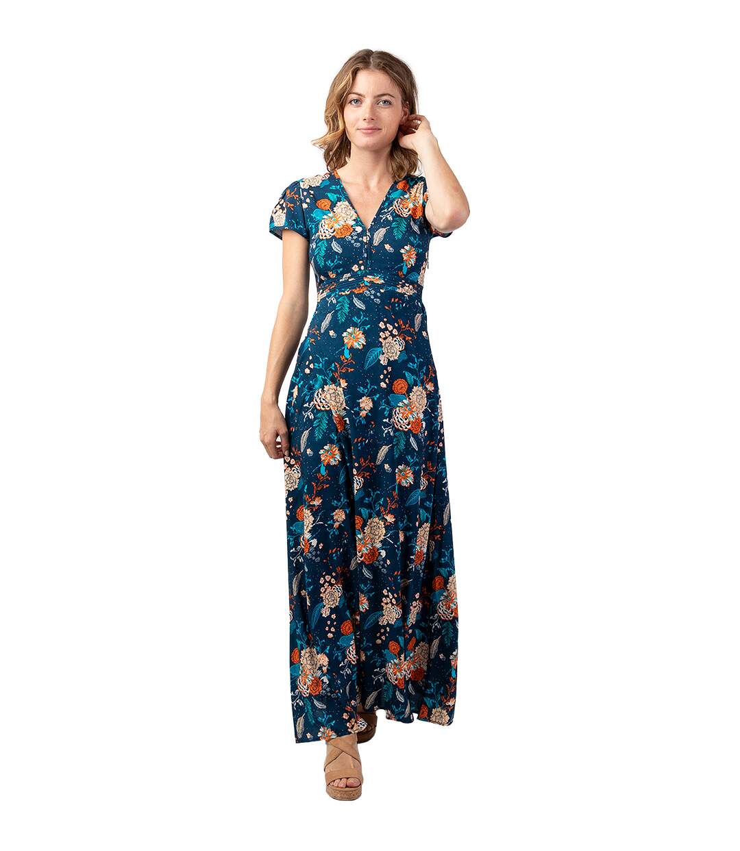 Robe longue fluide et légère MARBELLA imprimé fleuri tendance marine Coton Du Monde-1