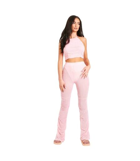 Womens/ladies Mesh Flared Trousers Pink Missy Empire