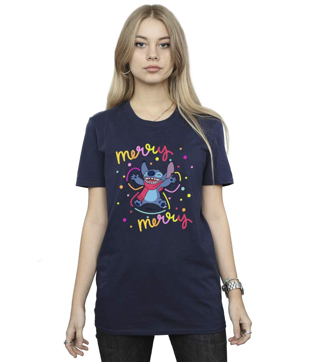 Disney Femmes/Les femmes Lilo & Stitch Merry Rainbow - T-shirt boyfriend en coton (Bleu marine) - UTBI30608-2
