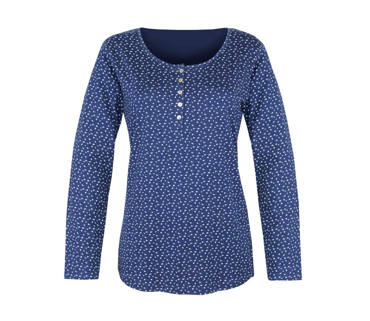 MAYFLOWER NOBEL3 : Tee-shirt manches longues bleu imprimé avec col rond boutonné-5