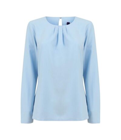Henbury Womens/Ladies Yarn Pleat Front Long-Sleeved Blouse (Light Blue) - UTRW9332