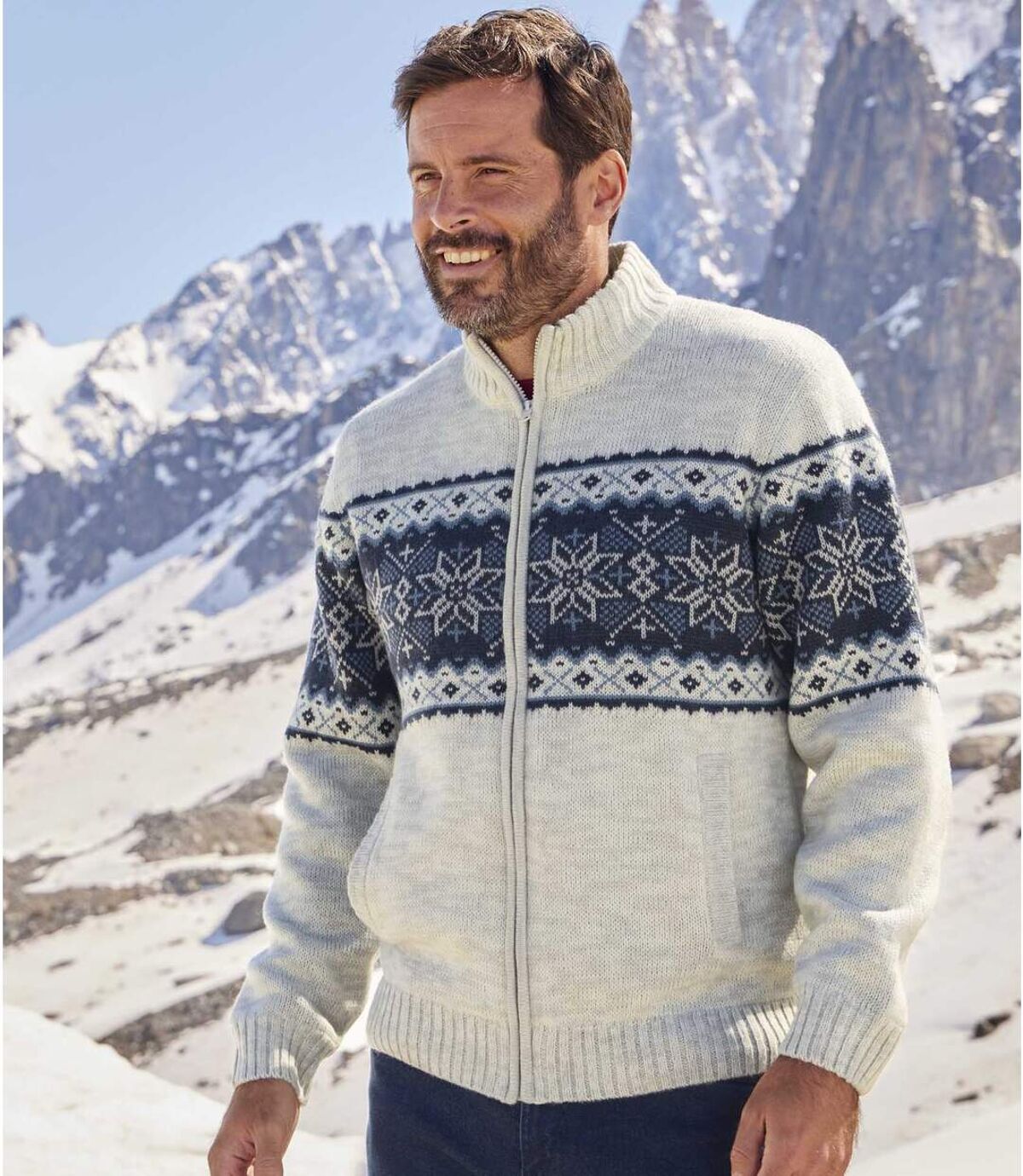 Men's Knit Jacket with Fleece Lining - Ecru Atlas For Men