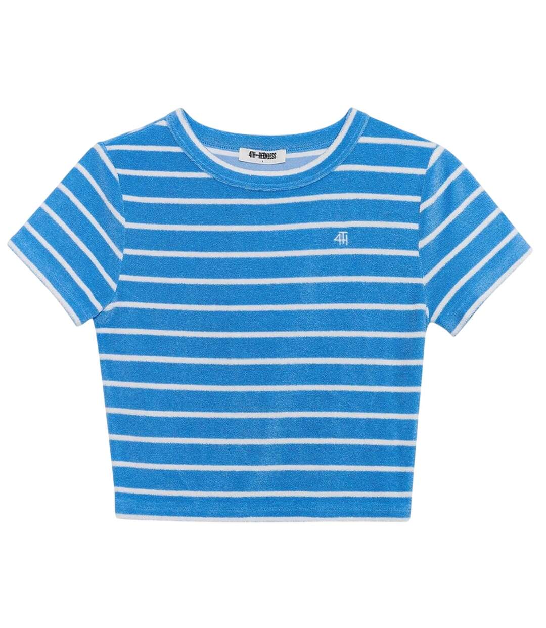 Womens/ladies Livia Striped Terrycloth Crew Neck Crop T-shirt Blue White 4th & Reckless-2