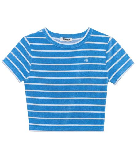 Womens/ladies Livia Striped Terrycloth Crew Neck Crop T-shirt Blue White 4th & Reckless