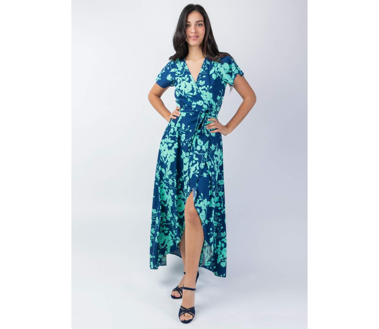 Robe longue viscose SAKURA imprimé marine et turquoise Coton Du Monde-5