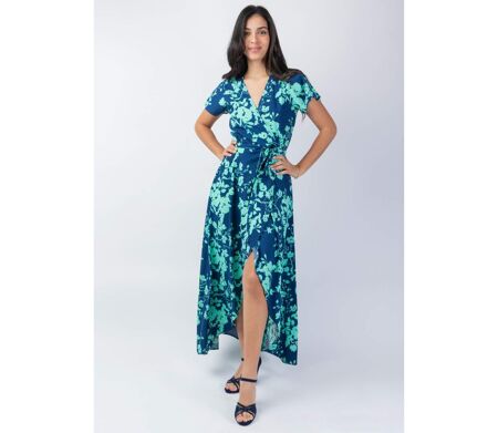 Robe longue viscose SAKURA imprimé marine et turquoise Coton Du Monde